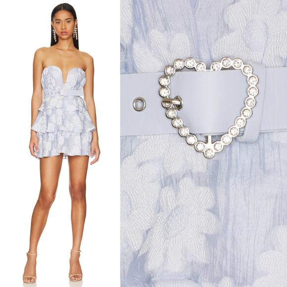 MAJORELLE | Andrea Mini Dress in Powder Blue Floral Jacquard Crystal Belt XS - Picture 1 of 13